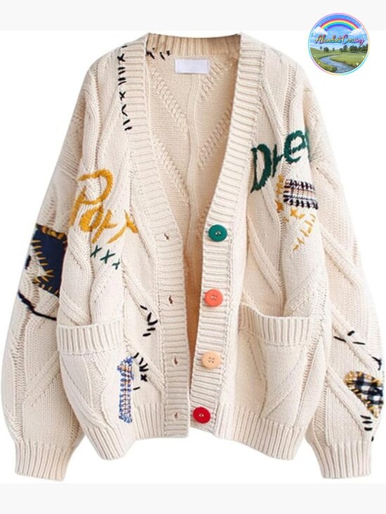 Sweaters - Cable Knit Embroidery Patchwork Cardigan V Neck Long Sleeve Button Down Sweater